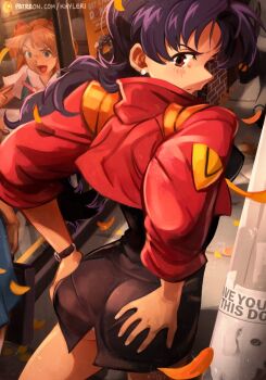 2girls :> ass black_skirt blue_skirt brick brick_wall brown_eyes building cafe commentary cropped_jacket donut english_commentary food grabbing_own_ass highres holding holding_pregnancy_test katsuragi_misato khyle. leaf looking_back meme miniskirt missing_poster multiple_girls neon_genesis_evangelion orange_hair pantylines patreon_username pregnancy_test purple_hair road school_uniform sidewalk sign skirt solo_focus souryuu_asuka_langley street thighs twintails watch window wristwatch