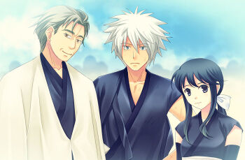 1girl 2boys assassin_(ragnarok_online) black_eyes black_gloves black_hair blue_sky brown_eyes closed_mouth cloud commentary_request dated_commentary day elbow_gloves gloves green_eyes grey_hair grey_shirt hair_between_eyes long_hair looking_at_viewer low_ponytail multiple_boys oomojiya outdoors ponytail ragnarok_online shirt short_hair sidelocks sky smile upper_body white_hair