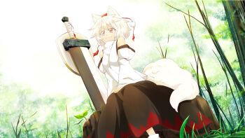 Rule 34 | 1girl, animal ears, detached sleeves, female focus, hat, inubashiri momiji, kokutei n, nature, outdoors, plant, red eyes, shield, sitting, sky, solo, sword, tail, tokin hat, touhou, tree, weapon, white hair, wolf ears, wolf tail