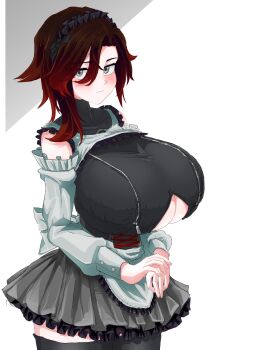 1girl absurdres blush breasts cleavage_cutout clothing_cutout gradient_hair highres huge_breasts looking_at_viewer maid maid_headdress multicolored_hair odakubara red_hair ruby_rose rwby silver_hair skirt solo thighhighs white_background