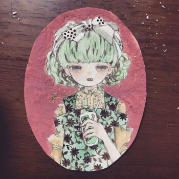 Rule 34 | 1girl, acrylic paint (medium), blunt bangs, blush, bow, commentary request, cup, curly hair, dress, expressionless, floral print, green eyes, green hair, hair bow, highres, holding, holding cup, indoors, karintoun, looking at viewer, open mouth, original, painting (medium), photo (medium), pink background, portrait, short hair, signature, simple background, straight-on, traditional media, watercolor (medium)
