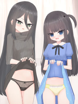 2girls angry black_bow black_hair black_panties black_ribbon black_skirt black_sweater blue_dress blue_eyes blush bow bow_panties breasts clothes_lift crotch_seam curtains dress dress_lift embarrassed floral_print green_eyes lace lace-trimmed_panties lace_trim loli long_hair long_sleeves looking_at_viewer multiple_girls navel neck_ribbon open_mouth original panties polka_dot polka_dot_dress ponytail print_panties puffy_sleeves ribbon shooko short_sleeves side_ponytail skirt skirt_lift small_breasts standing striped_clothes striped_panties sweater underwear window yellow_panties