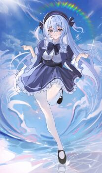 Rule 34 | 1girl, aged up, azur lane, black shoes, blue bow, blue dress, blue hair, blue hat, blue sky, bow, breasts, button gap, commentary, day, dress, framed breasts, frilled dress, frills, hair between eyes, hat, highres, komuer, light smile, long hair, long sleeves, medium breasts, outdoors, pantyhose, shoes, sky, solo, standing, standing on one leg, umikaze (azur lane), untranslatable commentary, very long hair, white pantyhose, wide sleeves