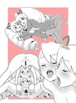 anus bar_censor blush bow censored closed_eyes completely_nude dress drill_hair hair_bow heriyama loli long_hair luna_platz_(mega_man) mega_man_(series) mega_man_star_force_(series) multiple_views nude open_mouth pantyhose pink_background pussy simple_background tongue tongue_out twin_drills very_long_hair