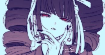 1girl black_hair black_nails bow celestia_ludenberg danganronpa:_trigger_happy_havoc danganronpa_(series) dn0lt drill_hair earrings half-closed_eyes hand_on_own_face jewelry long_eyelashes planet_earrings red_eyes ribbon school_uniform teeth watermark white_bow white_ribbon