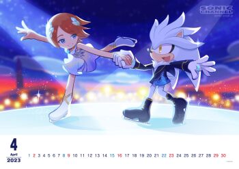 1boy 1girl absurdres aged_down april bare_arms bare_shoulders blue_eyes blue_jacket blurry blurry_background brown_hair calendar_(medium) city_lights dress feather_hair_ornament feathers figure_skating figure_skating_dress furry furry_with_non-furry gloves hair_ornament hayane_tomoko hetero highres holding_hands ice ice_skates ice_skating interspecies jacket leg_up night no_pants official_alternate_costume official_art princess_elise_the_third red_hair short_hair silver_the_hedgehog skates skating skating_rink sky smile sonic_(series) sonic_channel sonic_the_hedgehog_(2006) sparkle spotlight stage standing standing_on_one_leg star_(sky) starry_sky strapless strapless_dress white_fur white_gloves yellow_eyes