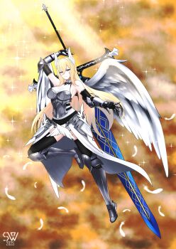 1girl 2025 absurdres adversarial_noise alternate_costume angel_wings armor armpits azur_lane bare_shoulders bayard_(azur_lane) black_thighhighs blonde_hair blue_eyes boots breastplate breasts bridal_gauntlets cleavage closed_mouth commentary commission cuisses dated dress elbow_gloves elbow_pads english_commentary faulds feathers full_body gauntlets gloves greaves hair_ornament highres holding holding_behind_back holding_sword holding_sword_behind_back holding_weapon holding_weapon_behind_back huge_weapon large_breasts leg_up long_bangs long_hair looking_at_viewer medium_breasts overskirt sabaton shon_(seanwave) signature smile solo sparkle sunlight sword thigh_boots thighhighs thighs weapon white_dress wings zettai_ryouiki