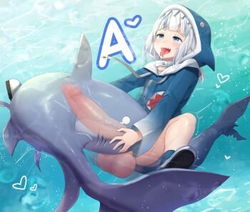 1futa a_(phrase) animal_hood bestiality blue_eyes blue_hair blue_hoodie blush censored fins fish_tail futanari gawr_gura gawr_gura_(1st_costume) highres hololive hololive_english hood hood_up hoodie huge_penis huge_testicles loli long_sleeves mosaic_censoring multicolored_hair open_mouth penis shark shark_hood shark_tail sharp_teeth silver_hair sinensian tail teeth testicles tongue tongue_out trembling two-tone_hair underwater virtual_youtuber wide_sleeves x-ray