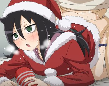 1boy 1girl artificial_vagina bags_under_eyes black_hair blue_panties blush clothed_sex commentary_request dildo doggystyle dress fur-trimmed_dress fur-trimmed_headwear fur_trim green_eyes hair_between_eyes hat heavy_breathing hetero holding holding_sex_toy jaggy_lines kuroki_tomoko long_hair long_sleeves open_mouth paid_reward_available panties panty_pull polka_dot polka_dot_panties pom_pom_hat_ornament red_dress red_hat santa_costume santa_dress santa_hat sex sex_from_behind sex_toy solo sweat tenga tomu_(tomubobu) underwear watashi_ga_motenai_no_wa_dou_kangaetemo_omaera_ga_warui!