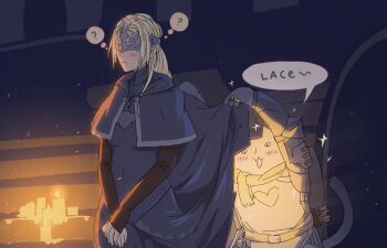 1girl ? arsenixc artist_self-insert bad_id bad_twitter_id blindfold_mask blonde_hair blush candle cape capelet cat clothes_lift clueless dark_souls_(series) dark_souls_iii fictional_persona fingerless_gloves fire_keeper gloves highres long_hair mask own_hands_together skirt skirt_lift sparkle wavy_mouth