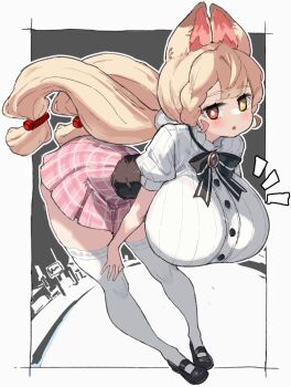 1girl alice_thymefield alternate_breast_size_(larger) alternate_costume animal_ears bent_over black_bow black_bowtie black_shoes blonde_hair blunt_bangs blush border bow bowtie braid braided_bangs breasts bright_pupils brooch buttons chinese_commentary commentary_request floating_hair full_body grey_background hair_ornament hand_on_own_thigh heterochromia highres huge_breasts jewelry long_hair looking_at_viewer low_twintails mary_janes miniskirt notice_lines outside_border parted_lips pigeon-toed pink_skirt plaid_clothes plaid_skirt pleated_skirt puffy_short_sleeves puffy_sleeves rabbit_ears rabbit_girl red_eyes romantic_meow shirt shoes short_sleeves skirt solo sphere_hair_ornament striped_bow striped_bowtie striped_clothes striped_shirt thighhighs twintails two-tone_background underbust vertical-striped_clothes vertical-striped_shirt very_long_hair white_background white_border white_pupils white_shirt white_thighhighs yellow_eyes zenless_zone_zero zettai_ryouiki