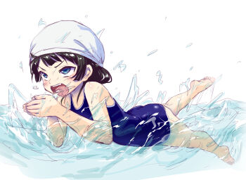 1girl ass black_hair blue_eyes blue_one-piece_swimsuit blush female_focus highres kath nijisanji one-piece_swimsuit open_mouth school_swimsuit solo swim_cap swimming swimsuit teeth tsukino_mito virtual_youtuber