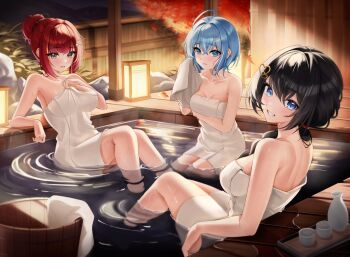 3girls absurdres ahoge akane_lize arahashi_tabi arm_under_breasts autumn autumn_leaves bare_shoulders black_hair blue_eyes blue_hair bottle braid breasts bucket choko_(cup) cleavage commentary_request crossed_bangs cup grey_eyes grin hair_between_eyes hair_bun hair_intakes hair_over_shoulder highres holding holding_towel juchyoko korean_commentary lamp large_breasts leaf long_hair looking_at_viewer looking_back median_furrow medium_breasts multiple_girls naked_towel night onsen outdoors parted_lips red_hair sake_bottle same-sex_bathing shared_bathing shirayuki_hina single_braid single_hair_bun smile stellive towel tree turning_head virtual_youtuber water wet white_background wooden_bucket