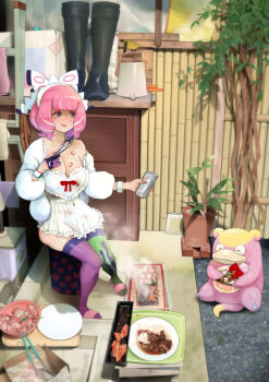 1girl absurdres apron blush bow bracelet breasts can cleavage colored_skin commentary_request drill_hair drill_sidelocks dynamax_band eyeshadow flipped_hair food food_on_body food_on_breasts food_on_clothes fruit fur_jacket galarian_form galarian_slowpoke gen_8_pokemon hair_bow hairband highres holding holding_can jacket jewelry klara_(pokemon) large_breasts maid_apron makeup meat medium_breasts mole mole_under_mouth multicolored_thighhighs nintendo pink_eyeshadow pink_hair pink_lips pink_sandals pink_skin plate pokemon pokemon_(creature) pokemon_swsh purple_eyes sandals short_hair sidelocks smile strawberry two-tone_thighhighs waist_apron wavy_mouth white_bow white_hairband yamashita_momiyo