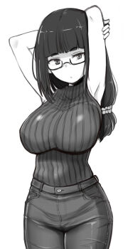 Rule 34 | 1girl, armpits, arms behind head, bare arms, blunt bangs, commentary request, denim, glasses, greyscale, highres, jeans, kitayama miuki, long hair, looking at viewer, low-tied long hair, monochrome, original, pants, ribbed sweater, simple background, sleeveless, sleeveless sweater, solo, sweater, sweater tucked in, white background