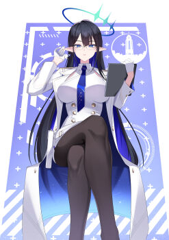 1girl absurdres black_hair blue_archive blue_eyes blue_hair blue_halo blue_necktie breasts buttons coat collared_dress colored_inner_hair crossed_legs double-breasted dress feet_out_of_frame glasses gloves halo highres holding holding_tablet_pc kurosaki_saya large_breasts long_hair looking_at_viewer multicolored_hair necktie pantyhose pointy_ears rimless_eyewear rin_(blue_archive) solo tablet_pc very_long_hair white_coat white_gloves