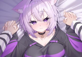1girl 1other :3 ahoge ai_(u_e_o_o) animal_collar animal_ear_fluff animal_ears bed_sheet black_collar black_hoodie blush breasts cat_ears cat_girl closed_mouth collar commentary_request crossed_bangs double-parted_bangs drawstring hair_between_eyes highres holding_hands hololive hood hoodie interlocked_fingers large_breasts long_sleeves looking_at_viewer lying messy_hair nekomata_okayu nekomata_okayu_(1st_costume) on_back pov pov_hands purple_eyes purple_hair short_hair smile solo_focus upper_body virtual_youtuber