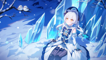 1girl bird black_gloves black_thighhighs blue_bow blush bonnet bow commentary_request ewaaawa fingerless_gloves genshin_impact gloves grey_shorts highres ice long_hair long_sleeves looking_up manekina_(frosty_plume)_(genshin_impact) manekina_(genshin_impact) open_mouth shirt short_shorts shorts sleeveless sleeveless_shirt snow snowflakes solo striped_clothes striped_thighhighs thighhighs white_background white_shirt yellow_eyes