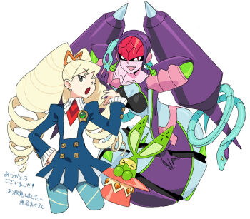 armor bad_id bad_twitter_id blonde_hair blue_dress blue_pantyhose bow dress drill_hair dual_persona em_wave_change_(mega_man) fang gloves green_eyes hair_bow hand_on_own_hip helmet lamia long_hair luna_platz_(mega_man) mega_man_(series) mega_man_star_force_(series) monster_girl okkuu_(oexistcm) one_eye_closed open_mouth pantyhose purple_gloves queen_ophiuca_(mega_man) red_eyes shoulder_armor simple_background smile snake snake_girl striped_clothes striped_pantyhose twin_drills very_long_hair vogue_(mega_man) white_background