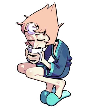 blue_robe closed_eyes coffee coffee_mug cup discount-supervillain forehead_jewel gem_(steven_universe) holding holding_cup messy_hair mug pale_skin pearl_(species)_(steven_universe) pearl_(steven_universe) pointy_nose robe short_hair slippers steven_universe