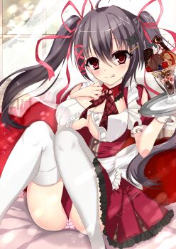 1girl :p anko_(shink0121) apron back_bow bed_sheet black_hair blush bow bowtie breasts cat_hair_ornament cleavage clothing_cutout commentary_request dessert detached_collar feet_out_of_frame food frilled_apron frills hair_ornament hair_ribbon hairclip heart heart-shaped_pillow heart-shaped_pupils highres holding holding_tray ice_cream indoors large_breasts light_particles long_hair looking_at_viewer maid original panties pillow plaid_bow plaid_bowtie plaid_clothes plate puffy_short_sleeves puffy_sleeves red_bow red_bowtie red_dr red_eyes red_ribbon ribbon short_sleeves shoulder_cutout solo strawberry_syrup striped_clothes striped_panties sundae symbol-shaped_pupils thighhighs tongue tongue_out top_of_moe_2015 tray tress_ribbon twintails underboob underwear waist_apron white_bow white_panties white_thighhighs white_wrist_cuffs window wrist_cuffs