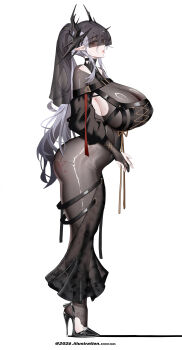 Rule 34 | 1girl, absurdres, alternate breast size (larger), arknights, ass, black dress, black pantyhose, black veil, breasts, cleavage, commentary request, demon girl, demon horns, dress, full body, grey hair, high heels, high ponytail, highres, horns, huge breasts, laqeramaline (arknights), long hair, long sidelocks, looking at viewer, pantyhose, pointy ears, ponytail, red eyes, see-through clothes, see-through dress, sideboob, sidelocks, simple background, solo, standing, veil, white background, yat (tsmn7245)