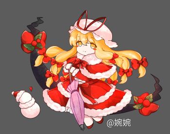 Rule 34 | 1girl, alternate costume, blonde hair, blush stickers, bow, bowtie, capelet, chinese commentary, christmas, closed mouth, closed umbrella, commentary request, deformed, dress, full body, fur-trimmed capelet, fur-trimmed dress, fur-trimmed sleeves, fur trim, gap (touhou), grey background, hair bow, hat, highres, holding, holding umbrella, long hair, long sleeves, looking at viewer, mob cap, multiple hair bows, red bow, red bowtie, red capelet, red dress, red shoes, santa costume, santa dress, shoes, simple background, smile, snowman, solo, touhou, umbrella, very long hair, wu yu wanwan, yakumo yukari, yellow eyes