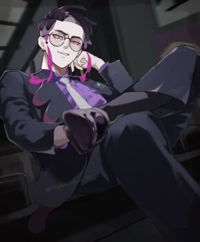 1boy black-framed_eyewear black_coat black_pants black_shoes black_socks black_suit coat commentary_request corbeau_(pokemon) dress_shoes figure_four_sitting foot_out_of_frame formal_clothes glasses hand_on_own_face head_rest highres lapels layered_sleeves long_sleeves mabuchi_27 male_focus necktie nintendo open_clothes open_coat orange_eyes pants parted_hair parted_lips pokemon pokemon_legends:_z-a purple_hair purple_shirt round_eyewear shirt shoes short_hair sitting smirk socks suit tassel teeth twitter_username white_necktie
