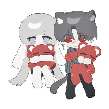 1boy 1girl animal_ears black_pants cat_ears cat_tail charon_(project_moon) gala9960 grey_eyes grey_hair holding holding_stuffed_toy jacket kkomi_(project_moon) limbus_company long_hair low_twintails pants project_moon rabbit_ears sitting striped_clothes striped_jacket stuffed_animal stuffed_toy tail teddy_bear twintails vergilius_(project_moon) very_long_hair