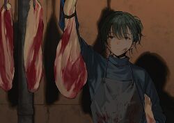 Rule 34 | 1boy, apron, arm up, bishounen, black apron, blood, blood on face, blue shirt, blunt bangs, butcher, closed mouth, dark, dm owr, expressionless, food, green hair, highres, looking up, male focus, meat, original, red eyes, shadow, shirt, short hair, short ponytail, solo, upper body