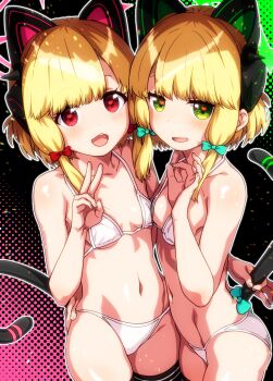 2girls animal_ear_headphones animal_ears bikini blonde_hair blue_archive blue_bow blush bow breasts cat_ear_headphones cat_ears cat_tail collarbone comiket_103 commentary_request cowboy_shot fake_animal_ears fake_tail female_focus green_eyes green_halo hair_bow halo headphones heart heart-shaped_pupils highres loli looking_at_viewer midori_(blue_archive) momoi_(blue_archive) multiple_girls navel ok_sign okina_ika open_mouth pink_halo red_bow red_eyes siblings sisters small_breasts swimsuit symbol-shaped_pupils tail tail_bow tail_ornament teeth twins upper_teeth_only v white_bikini