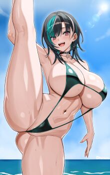 1girl :d absurdres aqua_hair beach black_choker black_hair blue_sky breasts choker cloud curvy day green_hair green_slingshot_swimsuit handplug highres hololive hololive_dev_is huge_breasts medium_hair mole mole_on_neck multicolored_hair navel open_mouth outdoors red_eyes rindo_chihaya sky slingshot_swimsuit smile solo split standing standing_on_one_leg standing_split stomach streaked_hair swimsuit thighs virtual_youtuber water white_hair