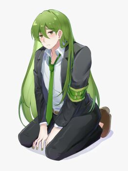 1boy androgynous black_pants blush brown_shoes closed_mouth collared_shirt full_body green_hair green_nails green_necktie highres lobotomy_corporation long_hair looking_at_viewer male_focus nail_polish necktie netzach_(project_moon) ori_oriio pants project_moon shirt shoes simple_background sitting solo very_long_hair white_background white_shirt yellow_eyes