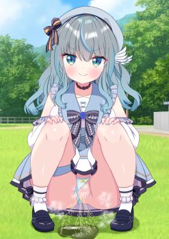 1girl amai_ramune aqua_eyes black_bow black_shoes blue_hair blue_nails blue_panties blue_skirt blush bow bow_panties breasts censored choker clothing_aside cloud collarbone detached_sleeves fence grass grey_hair grey_hat hair_ornament hands_on_own_knees hat hat_bow heart highres hiiragisensei indie_virtual_youtuber long_hair long_sleeves looking_at_viewer medium_breasts mountain multicolored_hair nail_polish panties panties_aside peeing puddle pussy sailor_hat shirt shoes skirt sky sleeveless sleeveless_shirt smile socks squatting steam streaked_hair thigh_strap tree underwear virtual_youtuber white_shirt white_socks wing_hair_ornament wooden_fence yellow_bow
