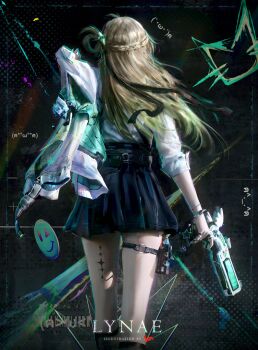 1girl absurdres artist_name black_skirt black_socks blonde_hair character_name commentary from_behind hair_ornament highres holding holding_jacket holding_unworn_clothes jacket jvn long_hair lynae_(wuthering_waves) shirt skirt socks solo tacet_mark_(wuthering_waves) unworn_jacket white_jacket white_shirt wuthering_waves