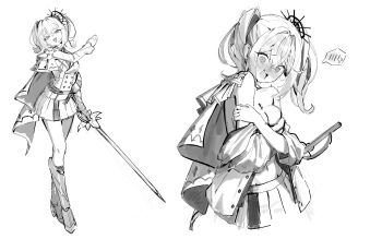 1girl :d absurdres blush breasts cape covering_breasts covering_privates cropped_legs full_body greyscale hand_up hashtag-only_commentary highres holding holding_sword holding_weapon jacket long_sleeves looking_at_viewer medium_breasts medium_hair miniskirt mirrorapo_yemp monochrome multiple_views navel nose_blush open_mouth pleated_skirt simple_background sketch skirt smile speech_bubble spoken_blush standing stellive sweat sword twintails undressing virtual_youtuber weapon yuzuha_riko