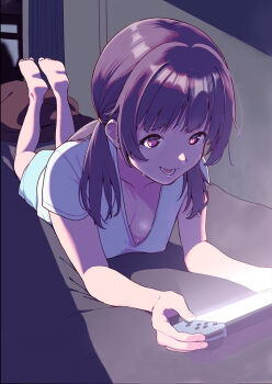 1girl barefoot bed_sheet blue_shorts breasts brown_hair cleavage collarbone console controller covered_erect_nipples dark_room downblouse feet feet_up female_focus playing_games highres indoors legs long_hair looking_at_viewer lower_teeth_only lying medium_breasts night nintendo_switch covered_erect_nipples no_bra no_footwear no_legwear no_shoes no_socks on_bed on_stomach open_mouth pig_tail playing playing_games shirt short_sleeves shorts sidelocks smile soles solo sweat sweatdrop tail teeth the_pose toes white_shirt window