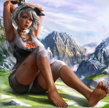 1girl armpits arms_up bandaid bandaid_on_face bandaid_on_nose barefoot bea_(pokemon) black_bodysuit black_hairband blue_eyes bodysuit bodysuit_under_clothes bracelet choker cloud dark-skinned_female dark_skin day feet fingernails gloves grass grey_hair hairband highres jewelry knee_pads logan_cure looking_at_viewer mixed-language_commentary nintendo outdoors pokemon pokemon_swsh print_shirt print_shorts shirt short_hair shorts single_glove sitting sky sleeveless sleeveless_shirt soles solo tied_shirt toes