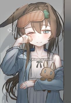1girl amiya_(arknights) animal_ears arknights arm_up blue_eyes blue_nightgown blush brown_hair carrot_print child cit commentary_request dress food_print highres holding holding_stuffed_toy jewelry long_hair multiple_rings nightgown one_eye_closed rabbit_ears rabbit_girl ring rubbing_eyes shadow sleep_mask sleepy solo stuffed_animal stuffed_rabbit stuffed_toy white_dress