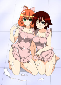 2girls apron brown_hair green_eyes highres multiple_girls naked_apron no_panties one_eye_closed orange_hair pastry_bag penny_polendina red_hair ruby_rose rwby shikniful short_hair grey_eyes