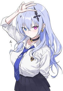 Rule 34 | 1girl, black skirt, blue hair, blue necktie, blush, breasts, choker, closed mouth, collared shirt, cowboy shot, cross, dress shirt, earrings, guchico, hair ornament, hand up, heterochromia, highres, inverted cross, jewelry, large breasts, long hair, long sleeves, looking at viewer, necktie, neo-porte, pink eyes, pleated skirt, shirt, skirt, sleeves rolled up, solo, tentei forte, tentei forte (2nd costume), tie clip, triangle earrings, virtual youtuber, w, white background, white shirt