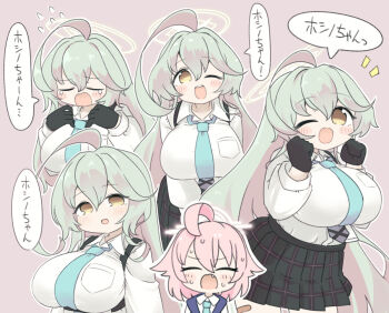 2girls ;d ahoge black_gloves black_skirt blue_archive blue_necktie blush breasts brown_background brown_eyes brown_hair closed_eyes flying_sweatdrops gloves green_hair hair_between_eyes halo hoshino_(blue_archive) large_breasts long_hair long_sleeves miranofuudoria multicolored_hair multiple_girls multiple_views necktie notice_lines one_eye_closed open_mouth pink_hair plaid_clothes plaid_skirt pleated_skirt puffy_long_sleeves puffy_sleeves simple_background skirt smile tears translation_request two-tone_hair very_long_hair yume_(blue_archive)