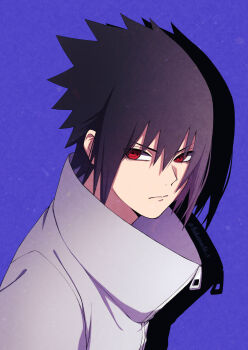 1boy absurdres black_hair closed_mouth hair_between_eyes highres looking_at_viewer male_focus mochiii-s naruto_(series) naruto_shippuuden purple_background red_eyes shadow sharingan shirt short_hair solo twitter_username uchiha_sasuke white_shirt zipper_pull_tab