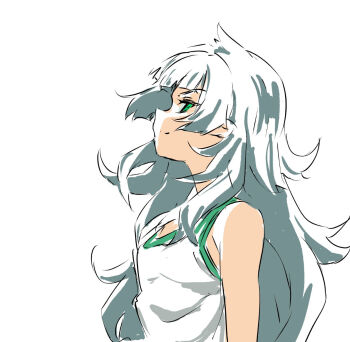 1girl bare_shoulders blunt_bangs breasts commentary_request from_side green_eyes green_hair green_trim highres hiyajou_maho long_hair looking_afar messy_hair sadarann science_adventure simple_background small_breasts solo steins;gate steins;gate_0 tank_top upper_body very_long_hair white_background