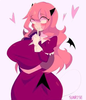 Rule 34 | 1girl, 2023, artist name, blunt bangs, breasts, colored skin, commentary, curvy, demon girl, demon horns, demon tail, detached collar, dress, english commentary, female focus, finger to mouth, friday night funkin', gloves, heart, highres, horns, huge breasts, long hair, long sleeves, multicolored skin, no pupils, nun, pink skin, puffy sleeves, purple dress, sarvente (friday night funkin'), sidelocks, simple background, smile, solo, standing, sunrisenew, tail, very long hair, white background, white gloves, white skin, wrist cuffs