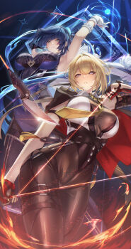 2girls absurdres armpits arms_up black_gloves black_pants blonde_hair blue_eyes blue_hair breasts chest_harness commentary diagonal_bangs english_commentary evelyn_chevalier from_below gainoob genshin_impact gloves green_eyes hair_intakes harness high-waist_pants highres jacket jacket_on_shoulders large_breasts long_hair looking_at_viewer mihoyo mole mole_under_eye multiple_girls necktie o-ring o-ring_thigh_strap pants partially_fingerless_gloves shirt short_hair sleeveless sleeveless_shirt smile string thigh_strap tight_clothes tight_pants white_shirt wide_hips yelan_(genshin_impact) yellow_necktie zenless_zone_zero