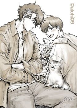 2boys :d bag black_hair bouquet cat commentary_request crossed_arms curtained_hair dalchi09 figure_four_sitting flower hair_flower hair_ornament holding holding_phone jacket kim_dokja korean_commentary looking_at_viewer looking_back male_focus multiple_boys omniscient_reader's_viewpoint open_mouth phone rose sepia shirt short_hair shoulder_bag sitting slouching smile yoo_joonghyuk