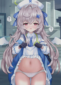 Rule 34 | 1girl, ?, absurdres, beatrixa (stella sora), black gloves, clothes lift, commentary request, dress, dress lift, gloves, grey hair, hair ornament, hat, highres, lifting own clothes, long hair, long sleeves, looking at viewer, navel, panties, shi3yin1, solo, spoken question mark, stella sora, underwear, white panties