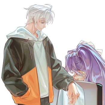 1boy 1girl alt_text black_jacket bow chair commentary_request hair_bow honkai_(series) honkai_impact_3rd hood hoodie jacket kevin_kaslana long_hair mei_(honkai_impact) multicolored_jacket on_chair orange_jacket ponytail purple_eyes purple_hair shiregotoaka short_hair sitting two-tone_jacket very_short_hair white_bow white_hair white_hoodie