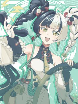 1girl animal_print bare_shoulders bear_print black_hair braid braided_twintails china_dress chinese_clothes commentary_request corded_phone cradling_phone detached_sleeves dialyn_(zenless_zone_zero) dress earrings frilled_sleeves frills grin hair_ornament hairclip highres holding holding_phone jewelry long_hair multicolored_hair necktie norwo724 open_mouth panda_hair_ornament panda_print phone smile solo split-color_hair teeth white_background white_dress white_hair wire yellow_eyes zenless_zone_zero